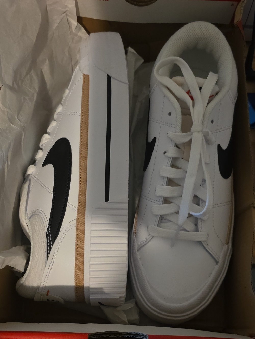 New! In Box Never Worn Nike White Sneakers with Black Swoosh and Tan Stripe